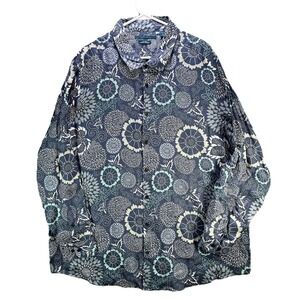 Perry Ellis Untucked Linen Shirt 3X Blue Roll-Tab Floral Long Sleeve Hippy 70s